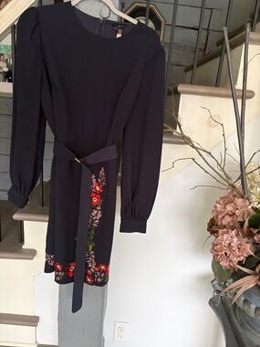 Ted Baker London Navy Long-Sleeve Embroidered Belted Dress